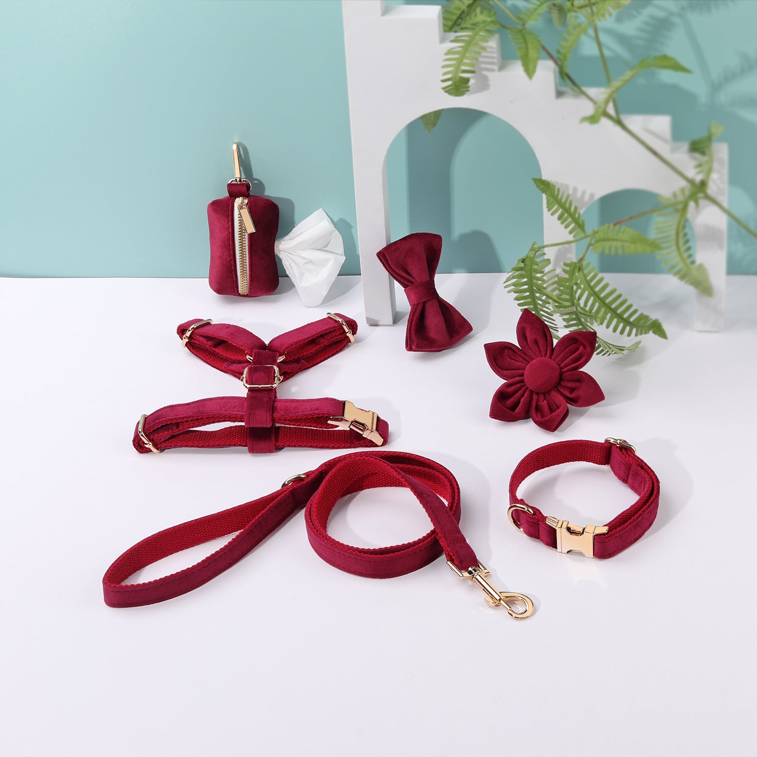 Pawsome Pets New York ENSEMBLE FLORAL STEP IN - BOUQUET BORDEAUX (6 pièces) — Colliers, laisses et harnais — photo 2