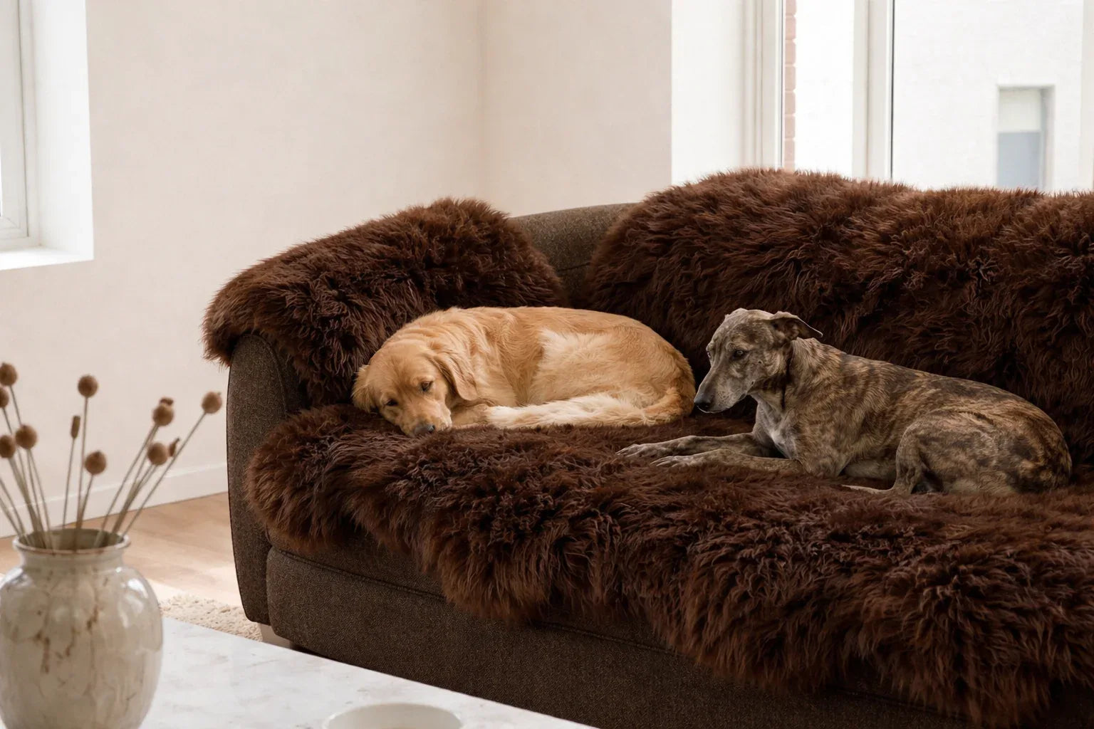 MellowConceptStore Housse de canapé en peau de mouton brune véritable pour chiens — Protecteur naturel de canapé (Sans plastique) — Paniers et caisses — photo 5