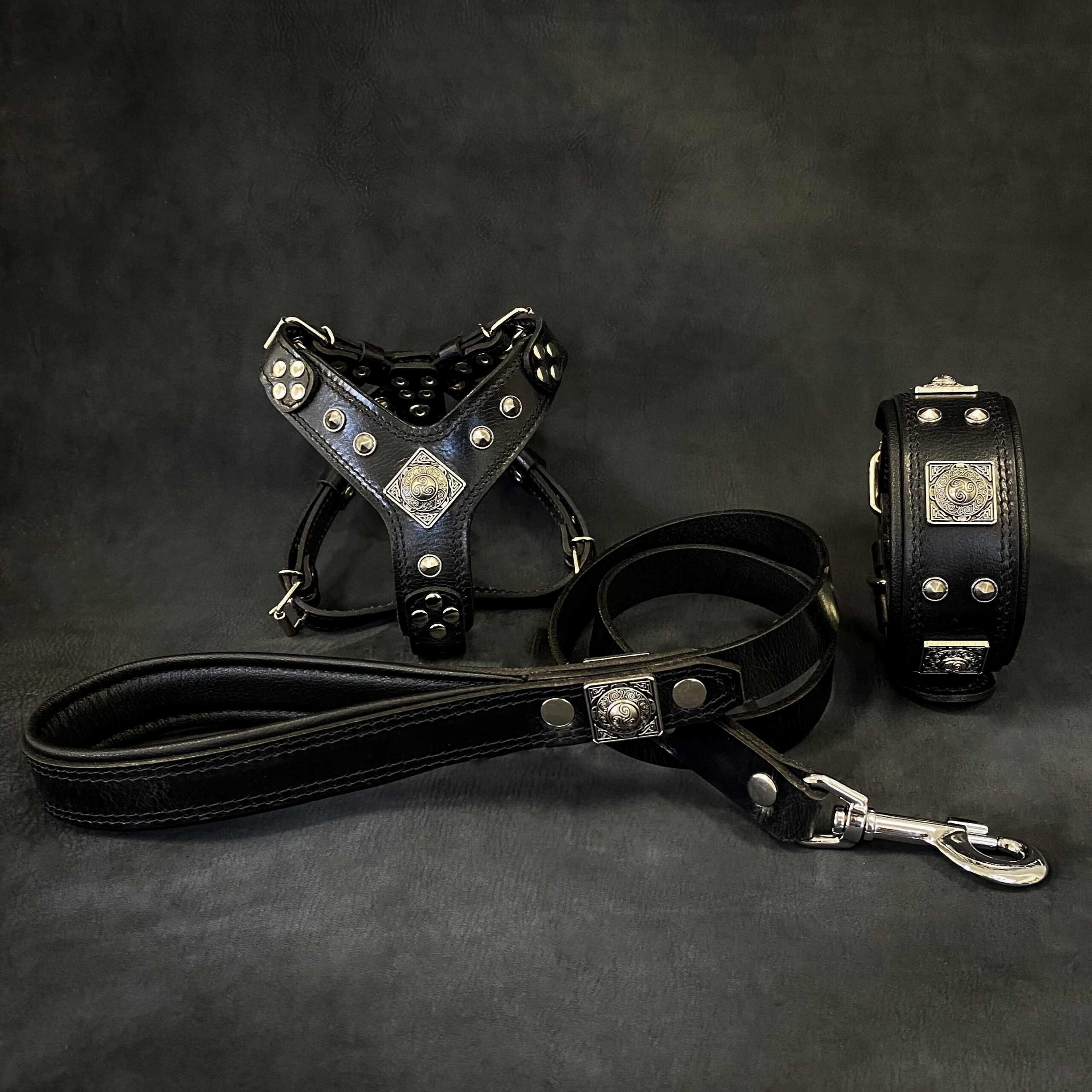 Bestia "EROS" SET pour chien petite à moyenne taille - Harnais - collier - laisse. Tout noir — photo 2