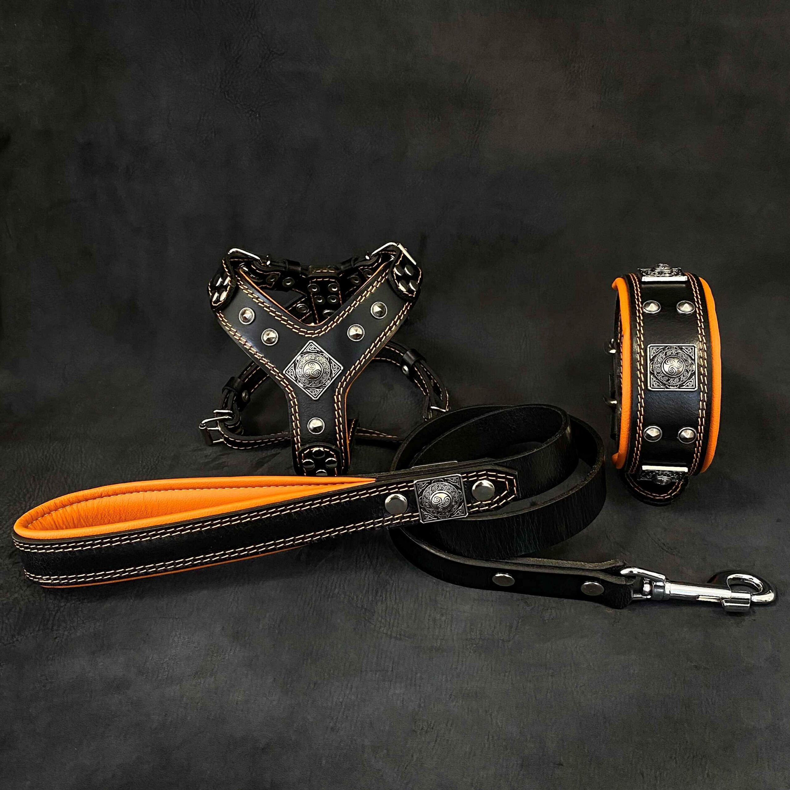 Bestia "EROS" SET pour chien Small to Medium - Harnais - collier - laisse Black&Orange — photo 2