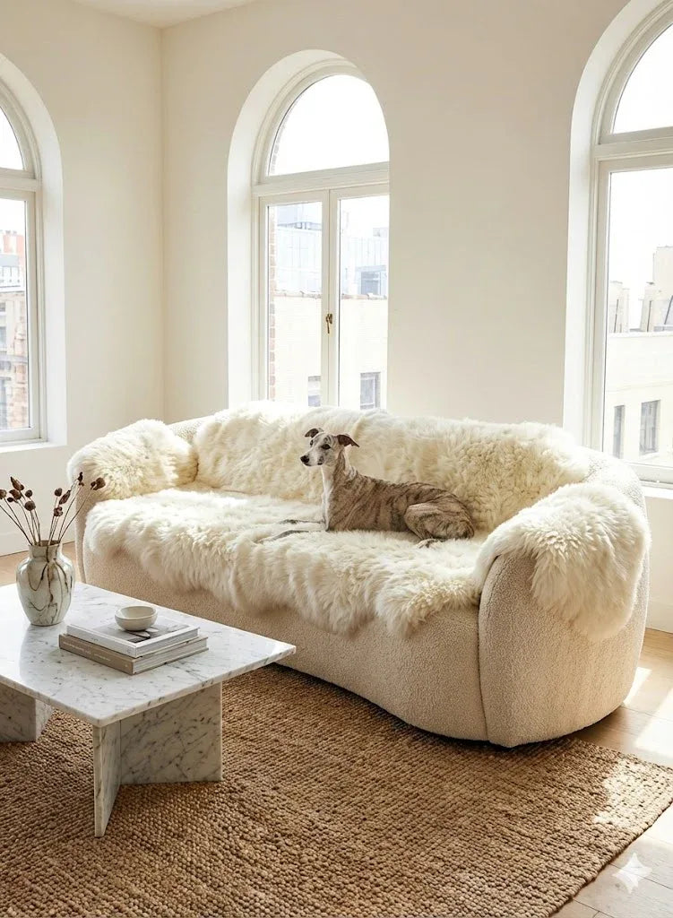 MellowConceptStore Housse de canapé en peau de mouton ivoire véritable pour chiens — Protecteur naturel de canapé (Sans plastique) — Paniers et caisses — photo 4