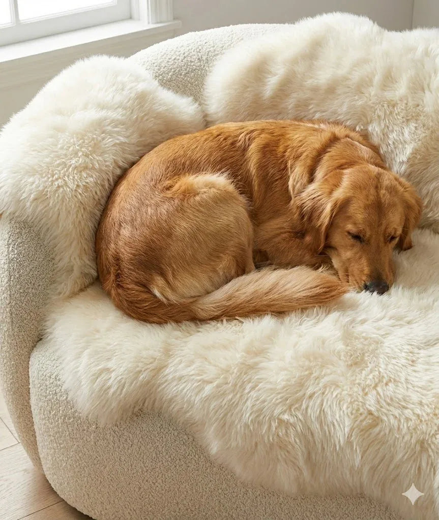 MellowConceptStore Housse de canapé en peau de mouton ivoire véritable pour chiens — Protecteur naturel de canapé (Sans plastique) — Paniers et caisses — photo 5